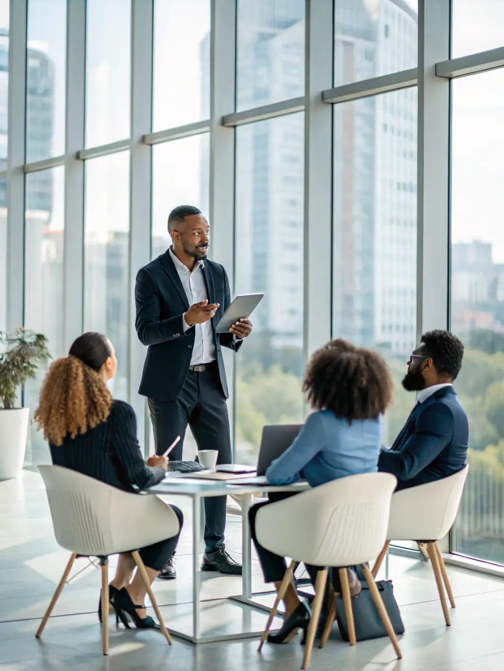 A person confidently leading a team, with a clear vision and inspiring presence, set against a backdrop of a modern office environment.