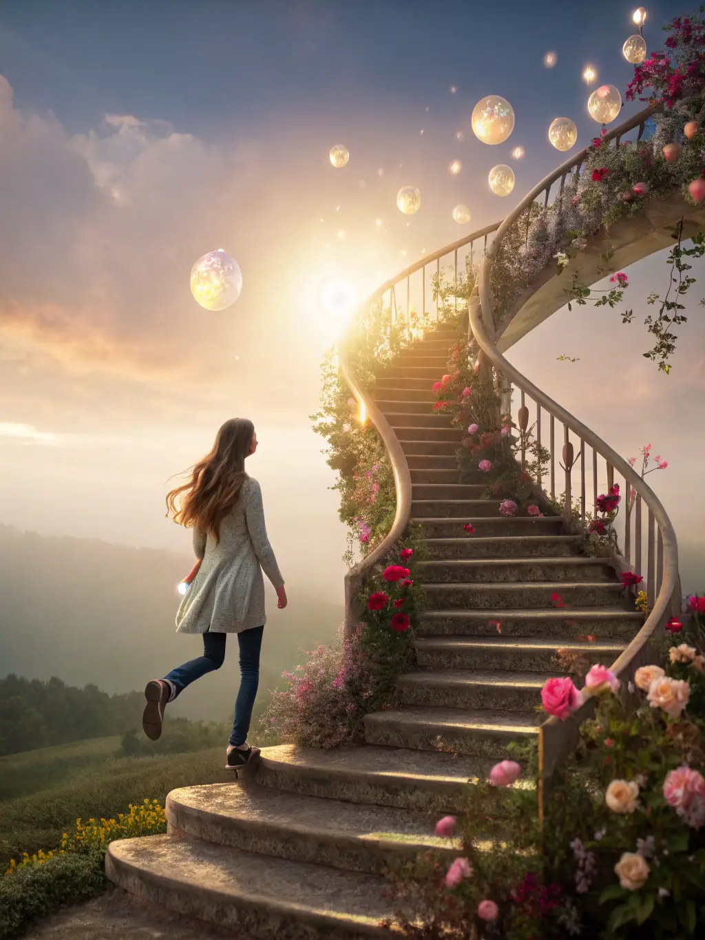 A person confidently climbing a staircase representing career advancement, bathed in golden light, symbolizing achievement and personal growth.