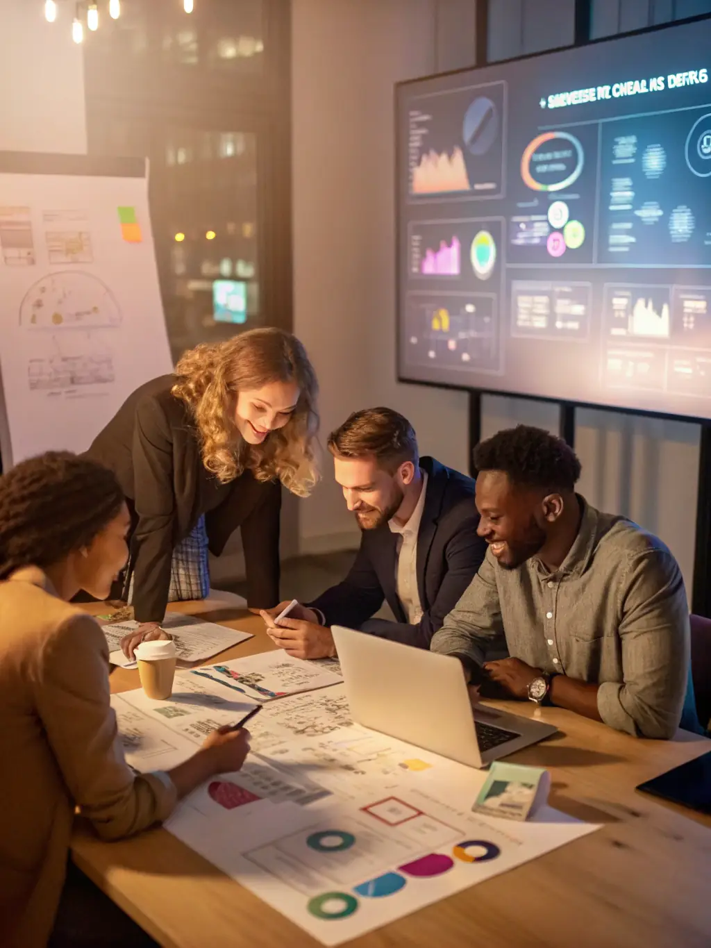 A diverse team collaborating effectively around a table, with each member contributing ideas, symbolizing teamwork and leadership in a professional setting.
